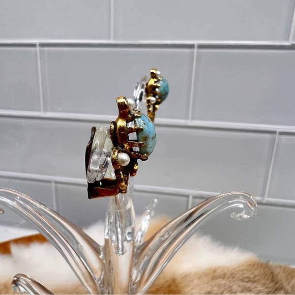 Vtg Victorian Austria Peking Glass Bead Faux Turquoise & Pearls Clip On Earrings - Picture 5 of 9